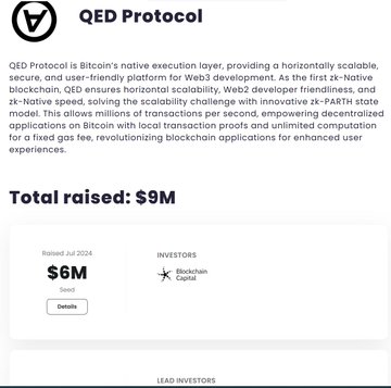 The image depicts a screenshot of a webpage titled "QED Protocol" featuring Bitcoin's native execution Layer 3, providing information about its usage for Web3 development. The main text on this page indicates that $9m has been raised through a CoinFunding round, and the proceeds are expected to be invested in various projects within the cryptocurrency space.