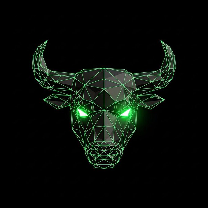 A digital illustration of a bull's head rendered in a glowing green neon polygonal wireframe style against a black background, with bright green eyes.
