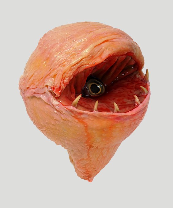 A grotesque 3D digital sculpture of a fleshy, open-mouthed monster with a single eyeball inside its maw and small sharp teeth.