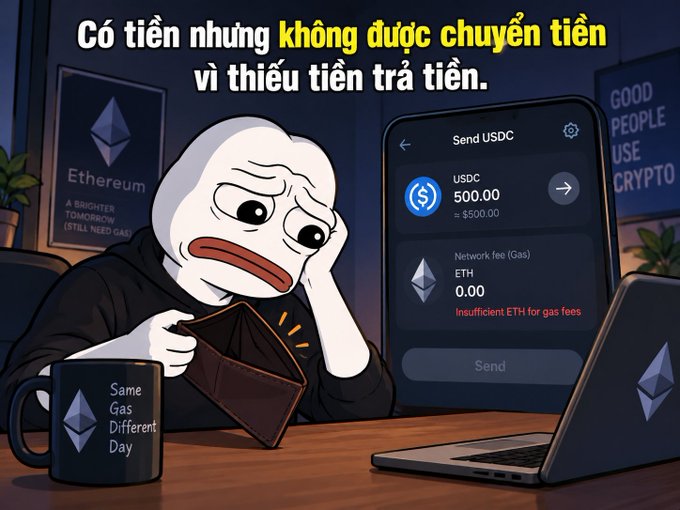 A cartoon meme showing a sad character holding an empty wallet next to a phone displaying a failed USDC crypto transaction due to insufficient ETH for gas fees, with Vietnamese text 'Có tiền nhưng không được chuyển tiền vì thiếu tiền trả tiền.'