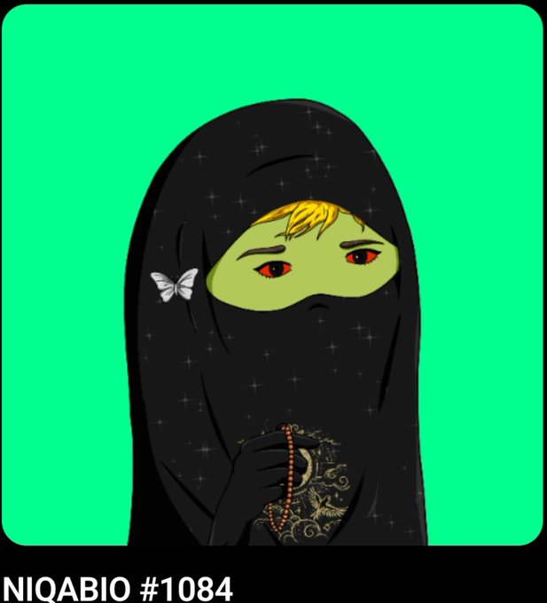 An NFT illustration labeled 'NIQABIO #1084' depicting a green-skinned figure with blonde hair wearing a black niqab, holding prayer beads against a bright green background with a small butterfly.