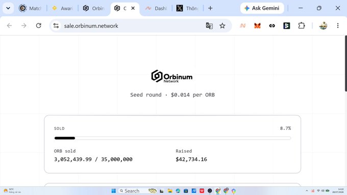 A browser screenshot of sale.orbinum.network showing a seed round at $0.014 per ORB token, with 8.7% sold, 3,852,439.99 / 35,000,000 ORB sold, raising $42,734.16.