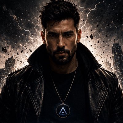 A digital artwork portraying a bearded man in a dark leather jacket standing before a stormy, dark cityscape with lightning, wearing a silver necklace with a triangular symbol.