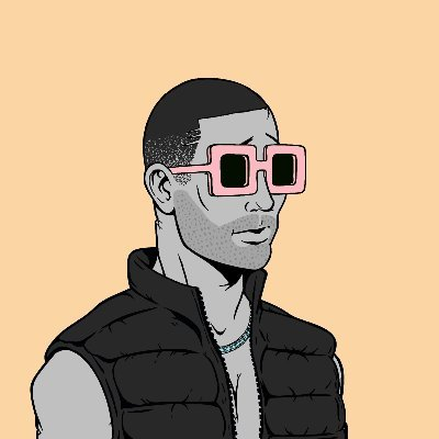 A digital illustration of a man with short hair wearing pink square sunglasses and a black puffer vest against a beige background.