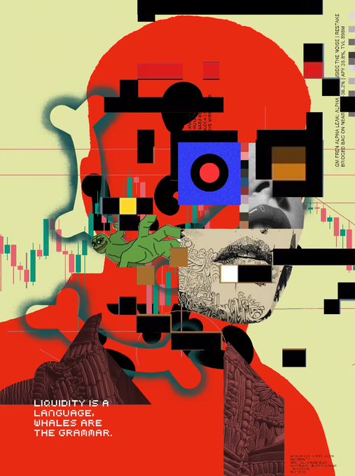 The image features an abstract poster with a red head, which appears to be a person's face or a character from a comic book. The poster includes various elements such as a skull, a robot, and a map of Europe. There are also text elements in the image that read "liquidity is a language, the grammar". This quote seems to be related to the overall theme of the poster, which could be interpreted as an artistic representation or a commentary on the relationship between technology, communication, and culture. The post has been shared by someone who wrote: "CultUR BOSS SOLD for 0.15ETH on secondary What a steal!".