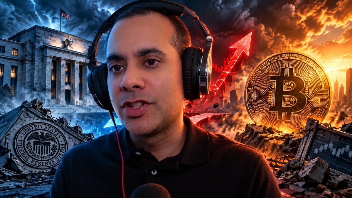 A man wearing headphones speaks into a microphone in front of a dramatic backdrop featuring the Federal Reserve building with a "UNITED STATES FEDERAL RESERVE" seal, a large golden Bitcoin coin, and a red upward chart arrow amid fiery stormy skies, visually representing the post's discussion of a global bond meltdown and looming debt crises across the US, Europe, and China.
