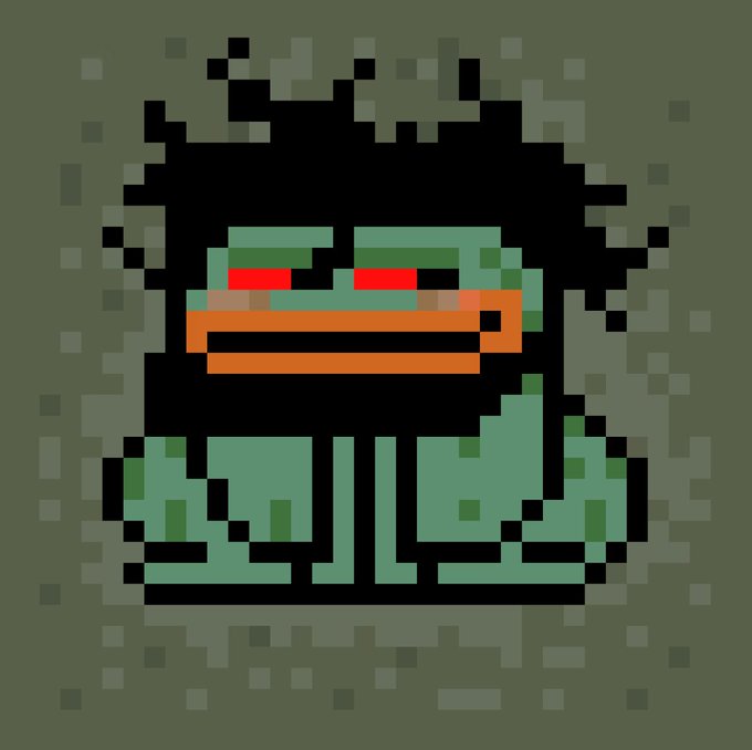 A pixel art image depicting a stylized green zombie or duck-like character with a wide orange bill/mouth and red eyes, set against a black silhouette background with green pixelated edges.