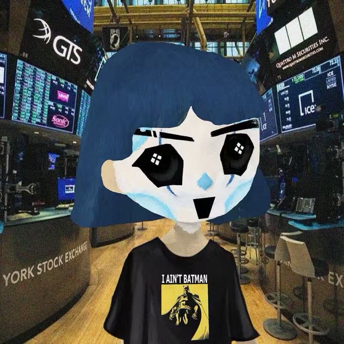 An illustrated anime-style character with dark blue hair and wide expressive eyes wears a black 'I AIN'T BATMAN' t-shirt, superimposed against the New York Stock Exchange trading floor.