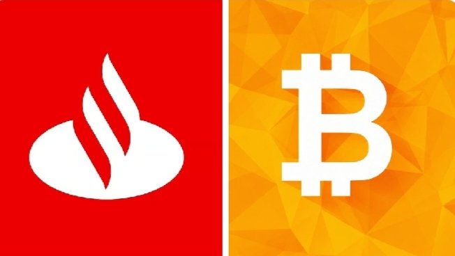 This image depicts a split screen with the Banco Santander logo on the left and the Bitcoin logo on the right, visually representing the bank's reported $12 million acquisition of Bitcoin.