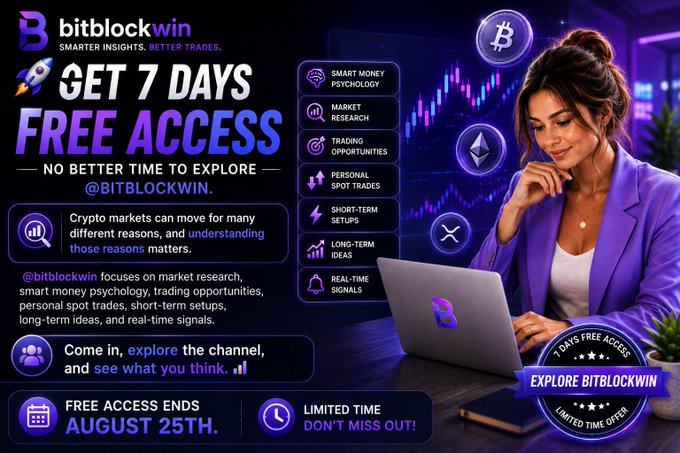 A promotional graphic for BitBlockWin offering 7 days of free access expiring August 25th, featuring a woman working on a laptop surrounded by cryptocurrency icons, with listed features including market research, smart money psychology, trading opportunities, spot trades, short-term setups, long-term ideas, and real-time signals.