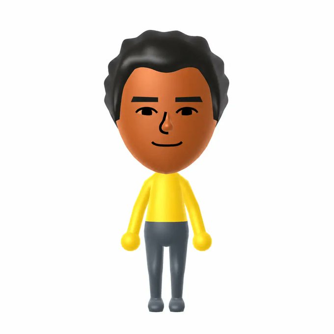 A 3D cartoon-style figure of a man with brown skin, black hair, wearing a yellow shirt and dark grey pants, standing against a white background.