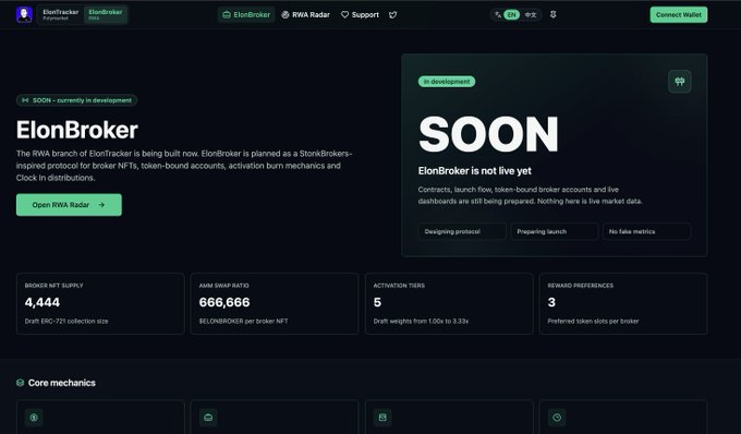 Webpage for 'ElonBroker' built on the StonkBrokers RWA protocol, currently in development, displaying RWA NFT supply of 4,444, raw swap ratio of 666,666, activation tiers of 5, and reward preferences of 3.
