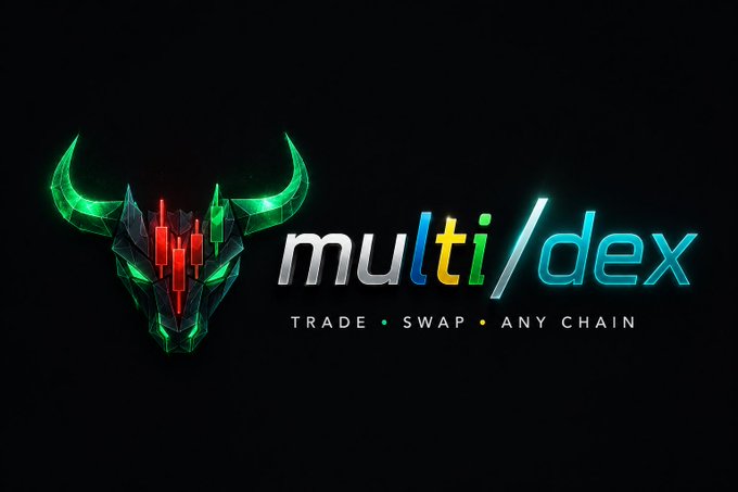 The image displays the logo for "multi/dex" featuring a green and red futuristic bull/horned animal head alongside the tagline "TRADE • SWAP • ANY CHAIN." This branding represents the new decentralized AI-powered multi-chain DEX trading platform recently launched on the Internet Computer blockchain.