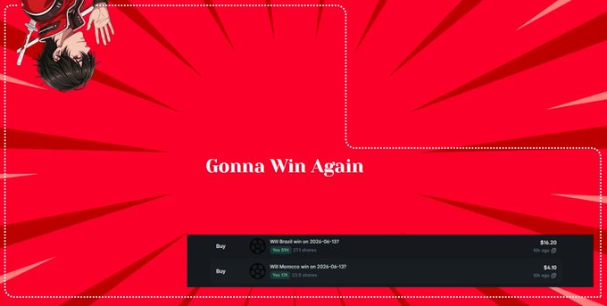 The image shows an advertisement for a product called "Gonna Win Again" featuring a cartoon character with the message displayed across the entire surface of the picture. The main object featured within this advertisement is a hand, which also appears to be part of the cartoon character's design. Below this, there are three bullet points related to buying items from a store or making purchases on Amazon, all written in white text against the red background.