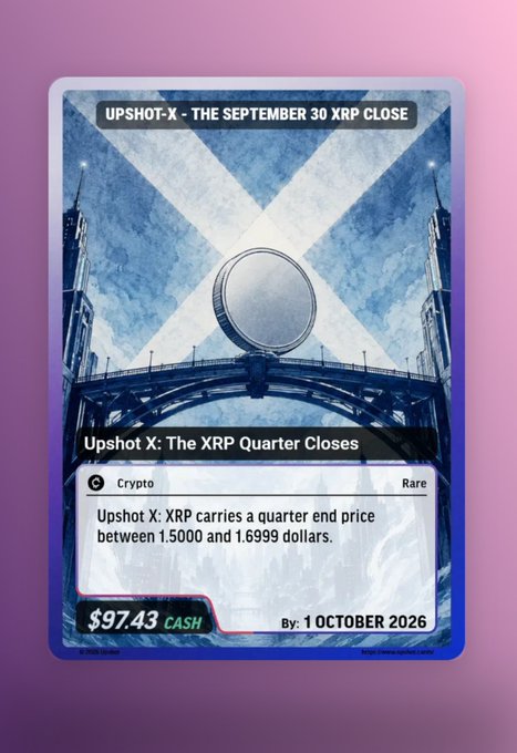 An 'Upshot X' prediction market card titled 'The September 30 XRP Close,' betting that XRP's quarter end price will fall between 1.5000 and 1.6999 dollars, priced at $97.43 cash.