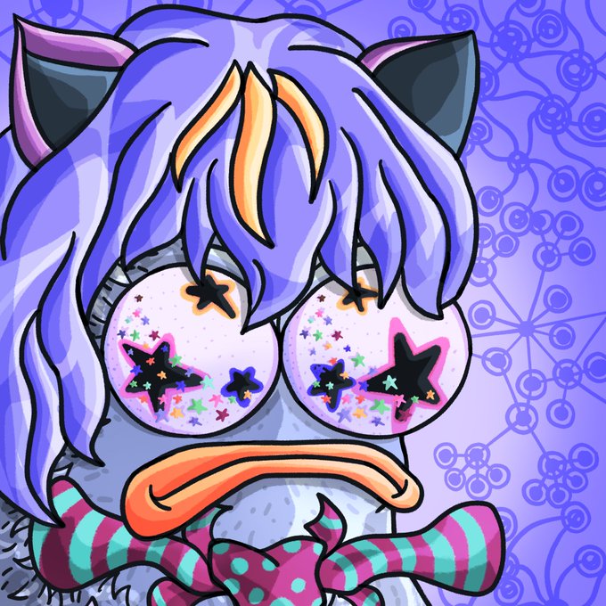 A cartoon-style illustration of a character with purple hair, cat ears, and large eyes filled with colorful stars, wearing a striped scarf.