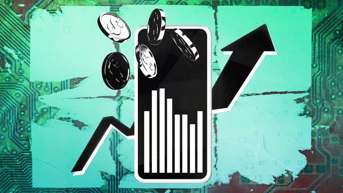 A stylized graphic featuring a smartphone displaying a bar chart with coins falling from it and an upward-trending arrow, set against a teal background with circuit board patterns.