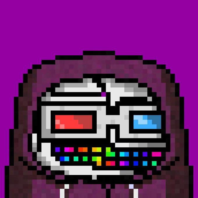 Pixel art of a brown, hooded figure wearing a metallic headset with a red left lens, a blue right lens, and a mouth area composed of colorful rainbow squares, set against a solid purple background.