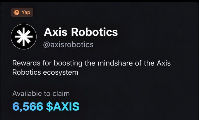 A social media post by Axis Robotics (@axisrobotics) offering rewards for boosting the mindshare of the Axis Robotics ecosystem, with 6,566 $AXIS available to claim.