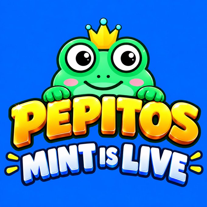 A logo featuring a green cartoon frog wearing a gold crown above the text "PEPITOS" in yellow and "MINT IS LIVE" in white, set against a blue background.