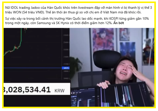 A Vietnamese news screenshot about the Korean IDOL Jadoo livestreaming to earn money, crying while trading KOSPI stocks as Samsung and SK Hynix drop ~12%, showing a KRW balance of 3,028,534.41.