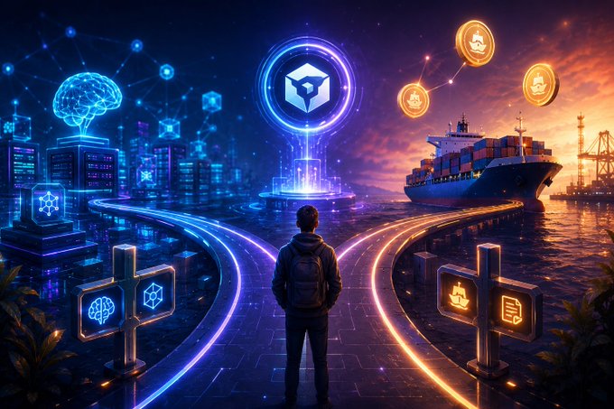 A stylized AI-generated illustration of a person standing before a glowing cryptocurrency hub with neon pathways, a cargo ship at a port, floating coin icons, and digital/crypto-themed symbols in a futuristic cityscape.