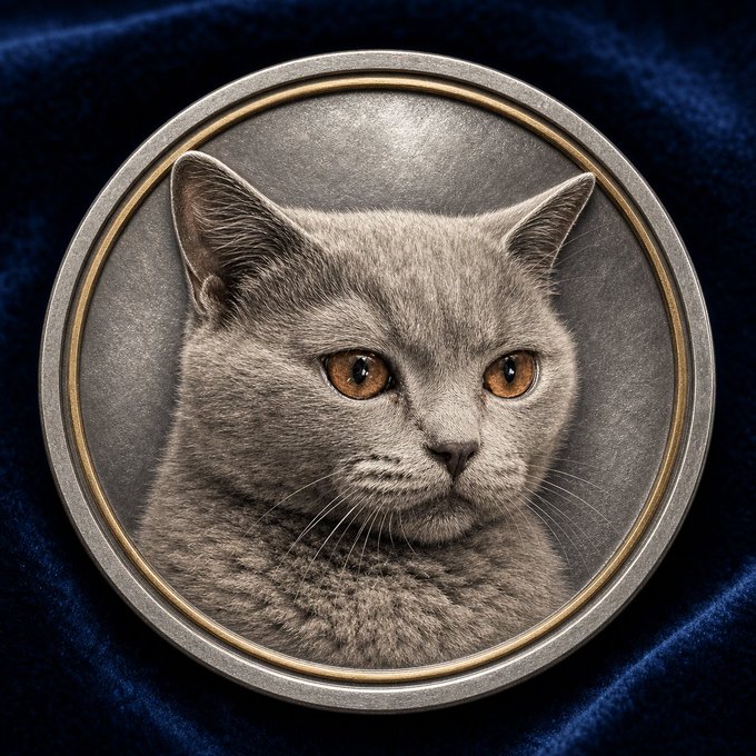A close-up portrait of a grey British Shorthair cat with orange eyes, framed in a circular silver and gold border on a dark blue velvet background.