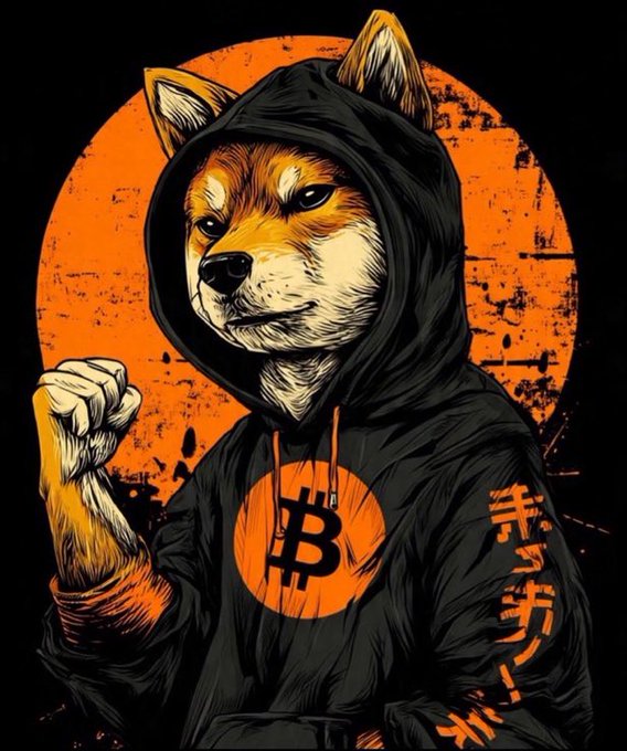 A stylized illustration of a Shiba Inu dog wearing a black hoodie with a Bitcoin 'B' logo, set against an orange circular background, with Japanese katakana text on the right side.