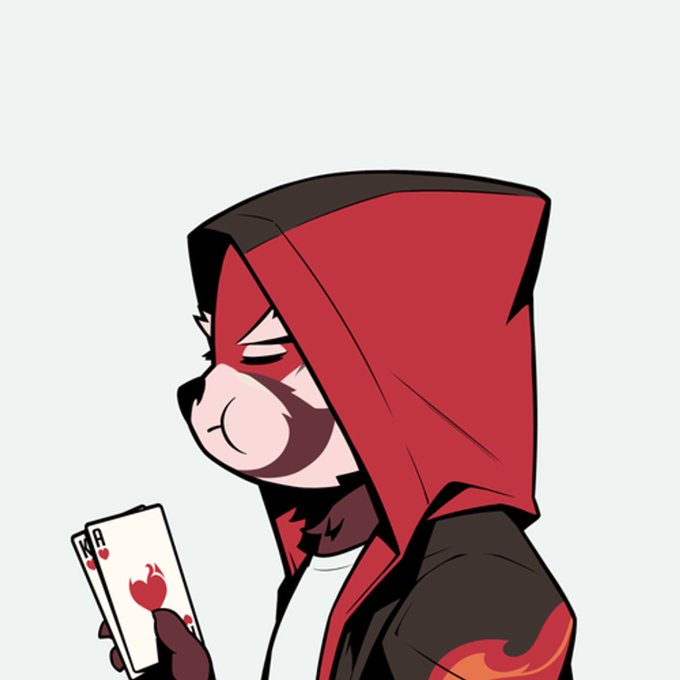 An anime-style illustration shows a character in a red hooded cloak with a white and red mask, looking sideways while holding two playing cards, the Ace of Hearts and another card.