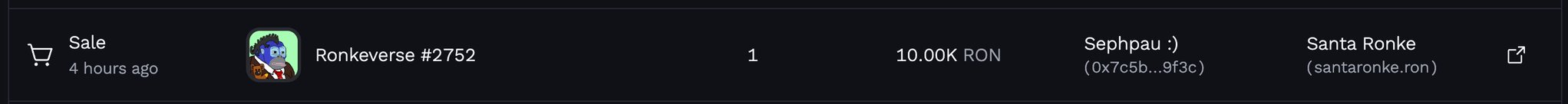 A marketplace sale listing showing an NFT called 'Ronkeverse #2752' sold 4 hours ago for 10.00K RON, with wallet 'Sephpau :)' (0x7c5b...9f3c) and seller 'Santa Ronke' (santaronke.ron).