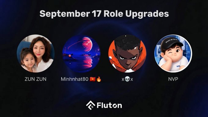 Fluton announcement graphic titled 'September 17 Role Upgrades' displaying four user profiles: ZUN ZUN (photo of woman and child), Minhnhat80 (planet avatar), x☠x (anime character), and NVP (cartoon character).