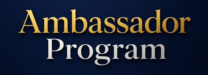 The image displays the text "Ambassador Program" in elegant gold and white typography against a dark blue background, visually representing the theme of the post that announces the launch of three new ambassador opportunities with Fizen App, Astros, and Moss AI seeking KOLs, creators, and traders.