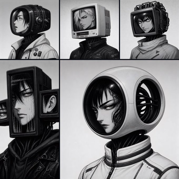 Black and white manga-style artwork featuring five characters with anime-style faces displayed inside various retro electronics like TVs, monitors, and a helmet-like device.
