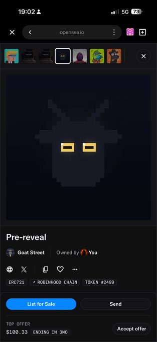 Mobile screenshot of OpenSea showing a 'Pre-reveal' NFT called 'Goat Street' with a pixel art goat face, a top offer of $100.33, ending in 3 minutes.