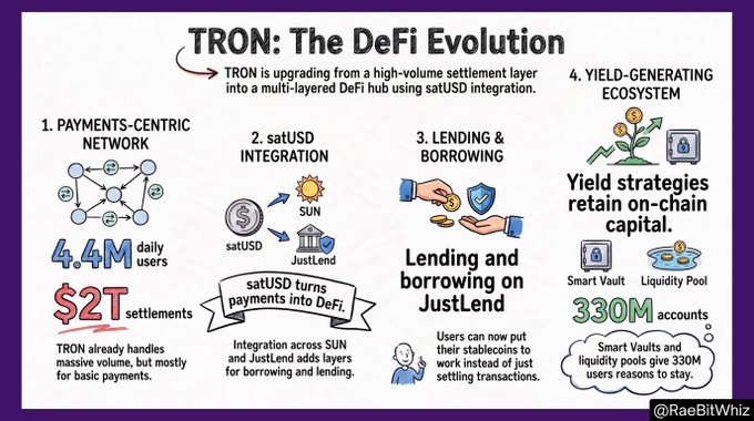 The image, titled "TRON: The DeFi Evolution," outlines TRON's four-stage transition from a payments-centric network (handling $2T in settlements and 4.4M daily users) to a DeFi hub via satUSD integration with SUN and JustLend, enabling lending, borrowing, and yield-generating strategies that retain 330M accounts on-chain through Smart Vaults and liquidity pools.