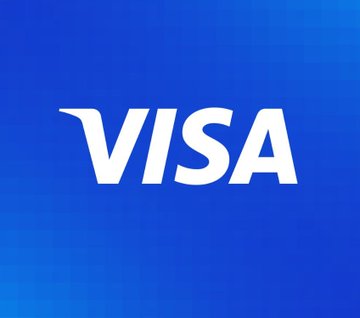 The image features a blue square with white text that reads "VISA". The text is centered within the frame, drawing attention to its prominence. A gray border surrounds the main section of the image. In the background, there's another smaller square containing the same white text "Visa" at the center. Also present in the background are two small circles with white outlines and a black border, each displaying a different color - one is orange and the other is yellow. The overall layout suggests that this image is related to a post discussing the new @VISA card's features such as spending globally, earning cashback on XAU₮ or auto-investing spare change into gold in the crypto market.