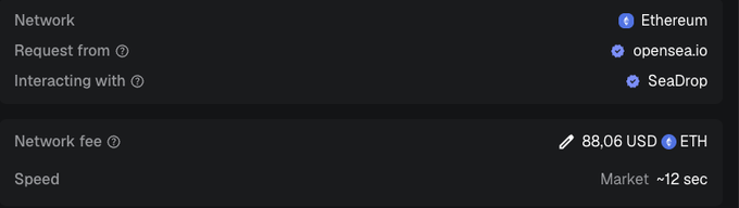 A cryptocurrency wallet transaction confirmation showing a Network fee of 88.06 USD on Ethereum for opensea.io interacting with SeaDrop, with Market speed of ~12 sec.