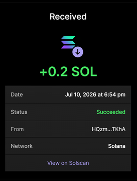 A confirmation of a received 0.2 SOL transaction on the Solana network (Date: Jul 10, 2026, Status: Succeeded), corresponding to the user's purchase of 2 million $RBULL tokens as announced in the post.