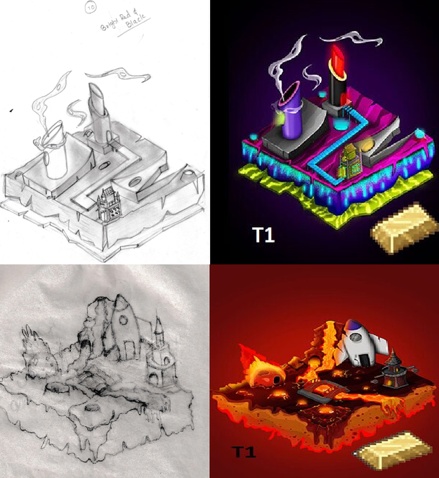 The image shows a side-by-side comparison of concept sketches and their final rendered versions for two tier-1 (T1) island assets in a game, featuring a purple-lit magical island with a flame-topped tower and a fiery volcanic landscape with a rocket structure. The "T1" labels indicate these are tier-one assets, while handwritten notes like "Bright out of black" appear on the rough sketches, showcasing the artistic process behind early Ordinals inscription designs from 2023.