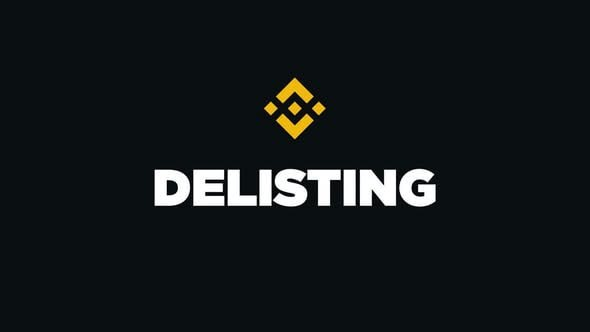 A black graphic displays the yellow Binance logo above the word 'DELISTING' in bold white letters.