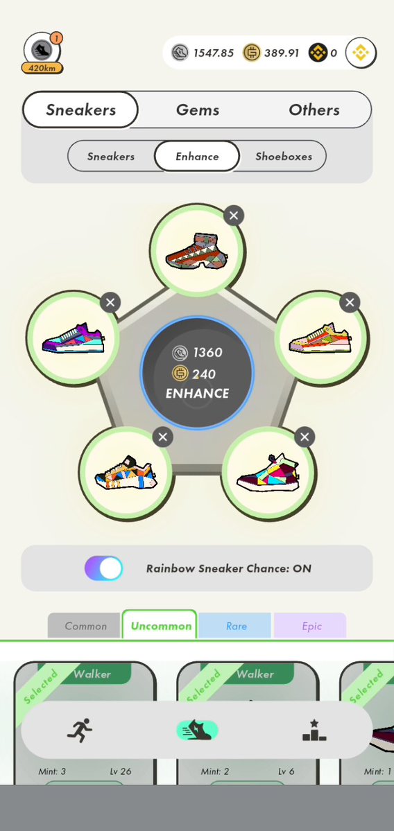 iphone screen displays a shoe shopping app with six circular icons, including sneakers and running shoes, and the option to enhance their appearance.