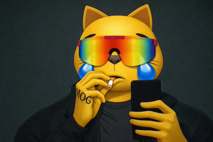 A digital illustration of a yellow cat wearing reflective rainbow sunglasses, smoking a cigarette, and holding a smartphone, with blue tears under its eyes and 'MOG' tattooed on its hand.