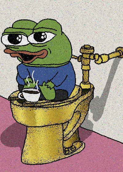 An illustration of Pepe the Frog holding a cup of tea while sitting on a toilet.