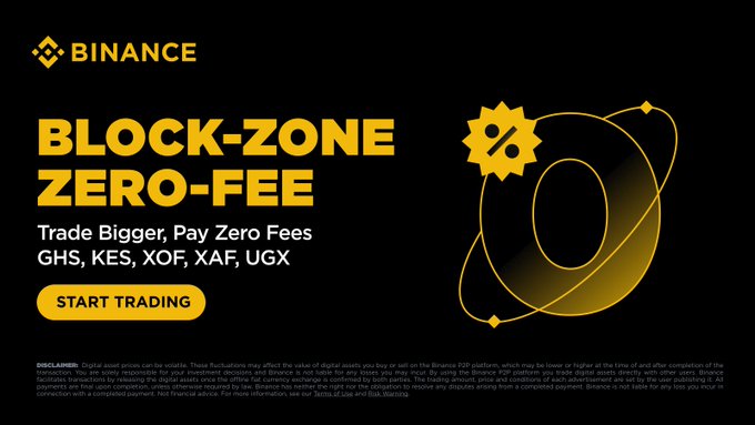 A Binance promotional banner advertising "BLOCK-ZONE ZERO-FEE" P2P trading for African currencies GHS, KES, XOF, XAF, and UGX, featuring the tagline "Trade Bigger, Pay Zero Fees" alongside a "START TRADING" button. The design includes Binance's logo and yellow geometric graphics on a black background, visually reinforcing the zero-fee trading campaign mentioned in the accompanying post.