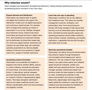 An informational graphic titled 'Why tokenize assets?' explaining benefits including expanded demand, improved liquidity, accelerated product innovation, and learn-this-new-way-of-operating.