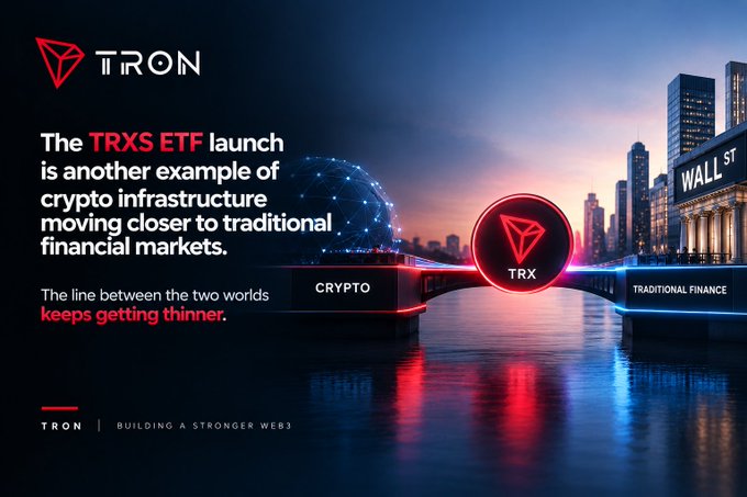 A TRON promotional graphic announces the TRXS ETF launch, featuring text stating 'The TRXS ETF launch is another example of crypto infrastructure moving closer to traditional financial markets' alongside imagery of a bridge connecting 'CRYPTO' to 'TRADITIONAL FINANCE.'