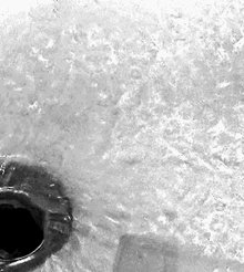 The image shows a close-up view of an open shower drain, revealing water dripping from within it down below. A large chunk of chocolate, possibly an interesting object or tool being used for cleaning purposes, can be seen near the bottom right corner of the frame. The background appears to be a blurred surface that matches the color scheme of the image and does not have any relevance to the primary subject matter.