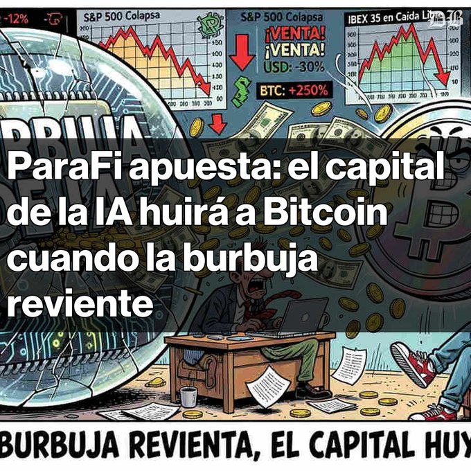 A Spanish-language cartoon about financial markets, with text 'ParaFi apuesta: el capital de la IA huirá a Bitcoin cuando la burbuja reviente' alongside falling stock charts showing S&P 500 Colapsa, USD -30%, and BTC +250%.
