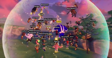 A screenshot from a Roblox game showing numerous player avatars inside a large, translucent bubble in a colorful landscape.