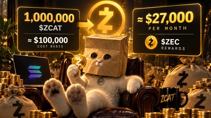 A promotional graphic shows a cat wearing a paper bag on its head sitting among gold coins and money bags, advertising 1,000,000 $ZCAT at ~$100,000 cost basis yielding ~$27,000 per month in $ZEC rewards, with a Solana logo visible.
